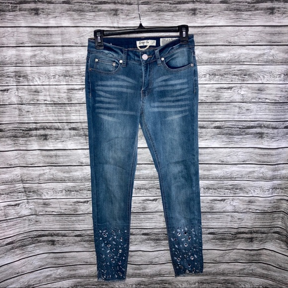 Rhinestone Beaded Ankle Trim Indigo Rein Denim Cropped Jeans Raw Hem women’s 26 - Picture 2 of 7